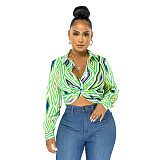 Geometric Print Twist Button Shirt Crop Tops ASL-6610