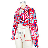 Geometric Print Twist Button Shirt Crop Tops ASL-6610