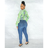 Geometric Print Twist Button Shirt Crop Tops ASL-6610
