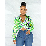 Geometric Print Twist Button Shirt Crop Tops ASL-6610