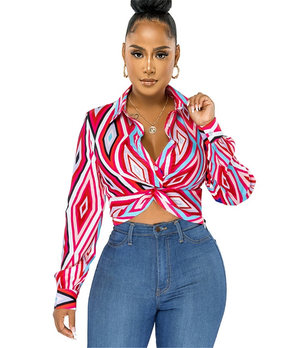 Geometric Print Twist Button Shirt Crop Tops ASL-6610