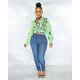 Geometric Print Twist Button Shirt Crop Tops ASL-6610