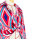 Geometric Print Twist Button Shirt Crop Tops ASL-6610