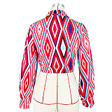 Geometric Print Twist Button Shirt Crop Tops ASL-6610