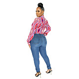 Geometric Print Twist Button Shirt Crop Tops ASL-6610
