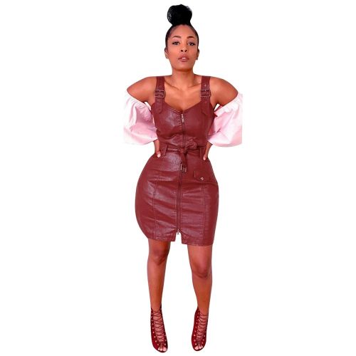 Adjustable Strap Zipper Sashes Pu Leather Dress MEM-88235