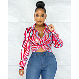 Geometric Print Twist Button Shirt Crop Tops ASL-6610