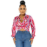 Geometric Print Twist Button Shirt Crop Tops ASL-6610