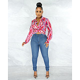 Geometric Print Twist Button Shirt Crop Tops ASL-6610