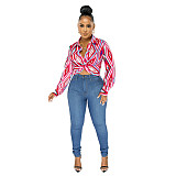 Geometric Print Twist Button Shirt Crop Tops ASL-6610