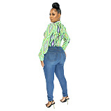 Geometric Print Twist Button Shirt Crop Tops ASL-6610