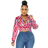 Geometric Print Twist Button Shirt Crop Tops ASL-6610