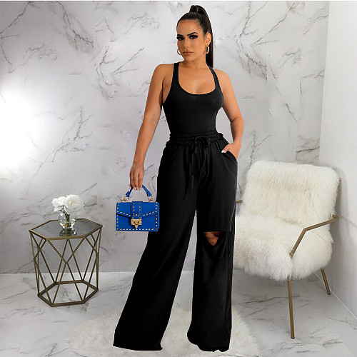 Tank Bodysuit and Hole Straight Pants 2 Piece Set YF-10294
