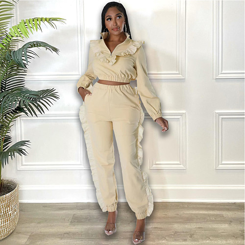 Solid Color Ear Edge Short Top Two Piece Pants Set HM-6622
