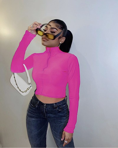 Slim Fit Zipper Stand Collar Crop Top Jacket QZX-6266
