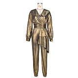 Elegant V Neck Long Sleeve Pleated Bronzing Jumpsuit ASL-6612