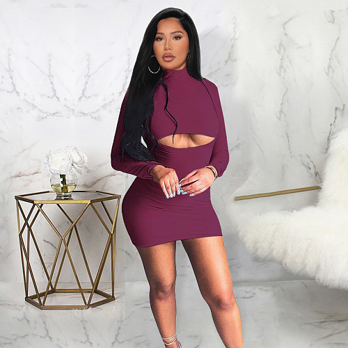 Cut Out High Waist Turtleneck Bodycon Mini Dresses JLY-19463