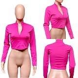 Slim Fit Zipper Stand Collar Crop Top Jacket QZX-6266