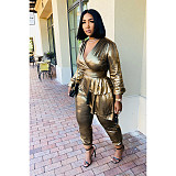 Elegant V Neck Long Sleeve Pleated Bronzing Jumpsuit ASL-6612