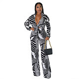 Elegant Lace Up Crop Shirts Top Wide Leg Pants Suit NY-7293