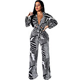 Elegant Lace Up Crop Shirts Top Wide Leg Pants Suit NY-7293