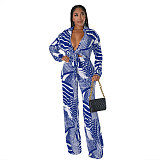 Elegant Lace Up Crop Shirts Top Wide Leg Pants Suit NY-7293