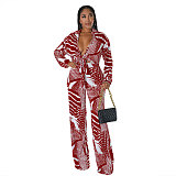 Elegant Lace Up Crop Shirts Top Wide Leg Pants Suit NY-7293