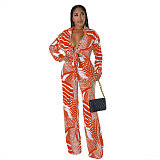 Elegant Lace Up Crop Shirts Top Wide Leg Pants Suit NY-7293