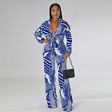 Elegant Lace Up Crop Shirts Top Wide Leg Pants Suit NY-7293