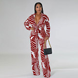 Elegant Lace Up Crop Shirts Top Wide Leg Pants Suit NY-7293