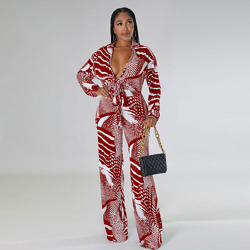 Elegant Lace Up Crop Shirts Top Wide Leg Pants Suit NY-7293