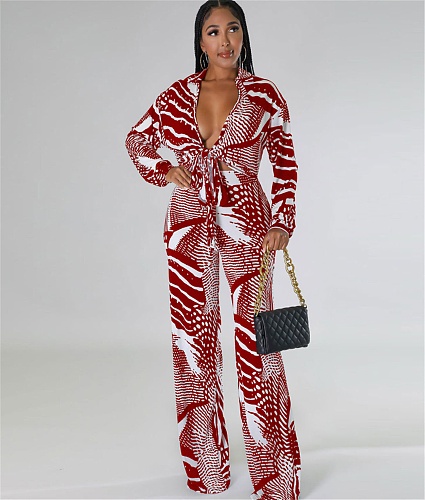 Elegant Lace Up Crop Shirts Top Wide Leg Pants Suit NY-7293