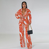 Elegant Lace Up Crop Shirts Top Wide Leg Pants Suit NY-7293