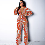 Elegant Lace Up Crop Shirts Top Wide Leg Pants Suit NY-7293