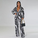 Elegant Lace Up Crop Shirts Top Wide Leg Pants Suit NY-7293