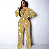 Elegant Lace Up Crop Shirts Top Wide Leg Pants Suit NY-7293