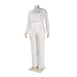 Pleated Loose Blouse Crop Top Wide Leg Pants Outfits NY-9043