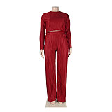 Pleated Loose Blouse Crop Top Wide Leg Pants Outfits NY-9043