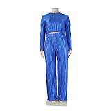 Pleated Loose Blouse Crop Top Wide Leg Pants Outfits NY-9043