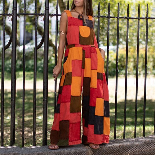 Color Block Print Backless Loose Wide Leg Jumpsuit ZAND-31257