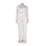 Pleated Loose Blouse Crop Top Wide Leg Pants Outfits NY-9043