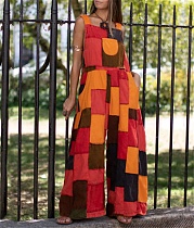Color Block Print Backless Loose Wide Leg Jumpsuit ZAND-31257