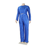 Pleated Loose Blouse Crop Top Wide Leg Pants Outfits NY-9043