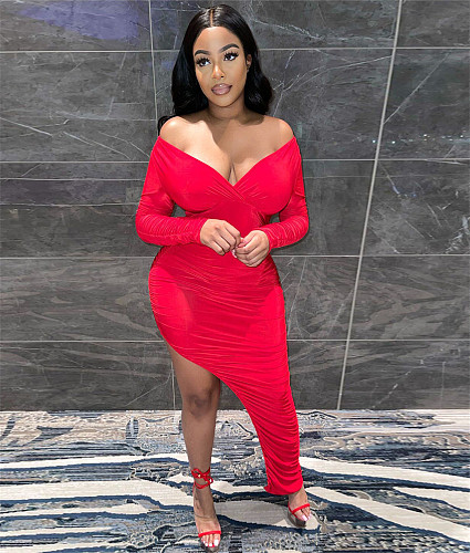 Sexy Off Shoulder Long Sleeve Ruched Party Dress YNS-1863