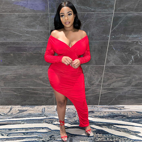 Sexy Off Shoulder Long Sleeve Ruched Party Dress YNS-1863