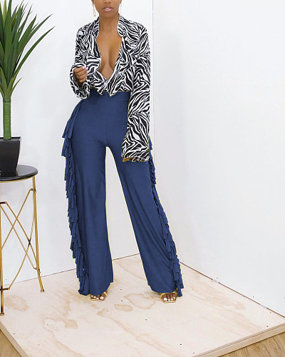High Waist Tassel Side Straight Wide Leg Pants HX-1135