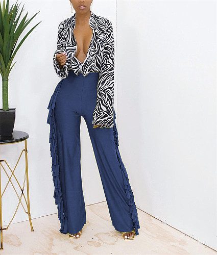 High Waist Tassel Side Straight Wide Leg Pants HX-1135