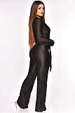 V Neck Lace Up Floor Length Wide Leg Pleated Jumpsuits OSM-4379