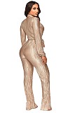 V Neck Lace Up Floor Length Wide Leg Pleated Jumpsuits OSM-4379