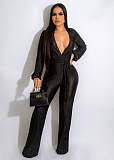 V Neck Lace Up Floor Length Wide Leg Pleated Jumpsuits OSM-4379